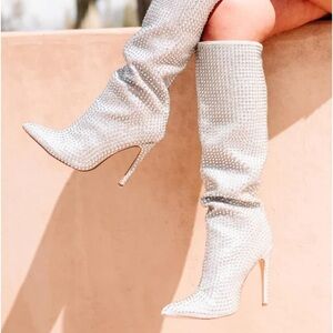 New In Box Elegant Silver Rhinestone Knee-High Heel Boots